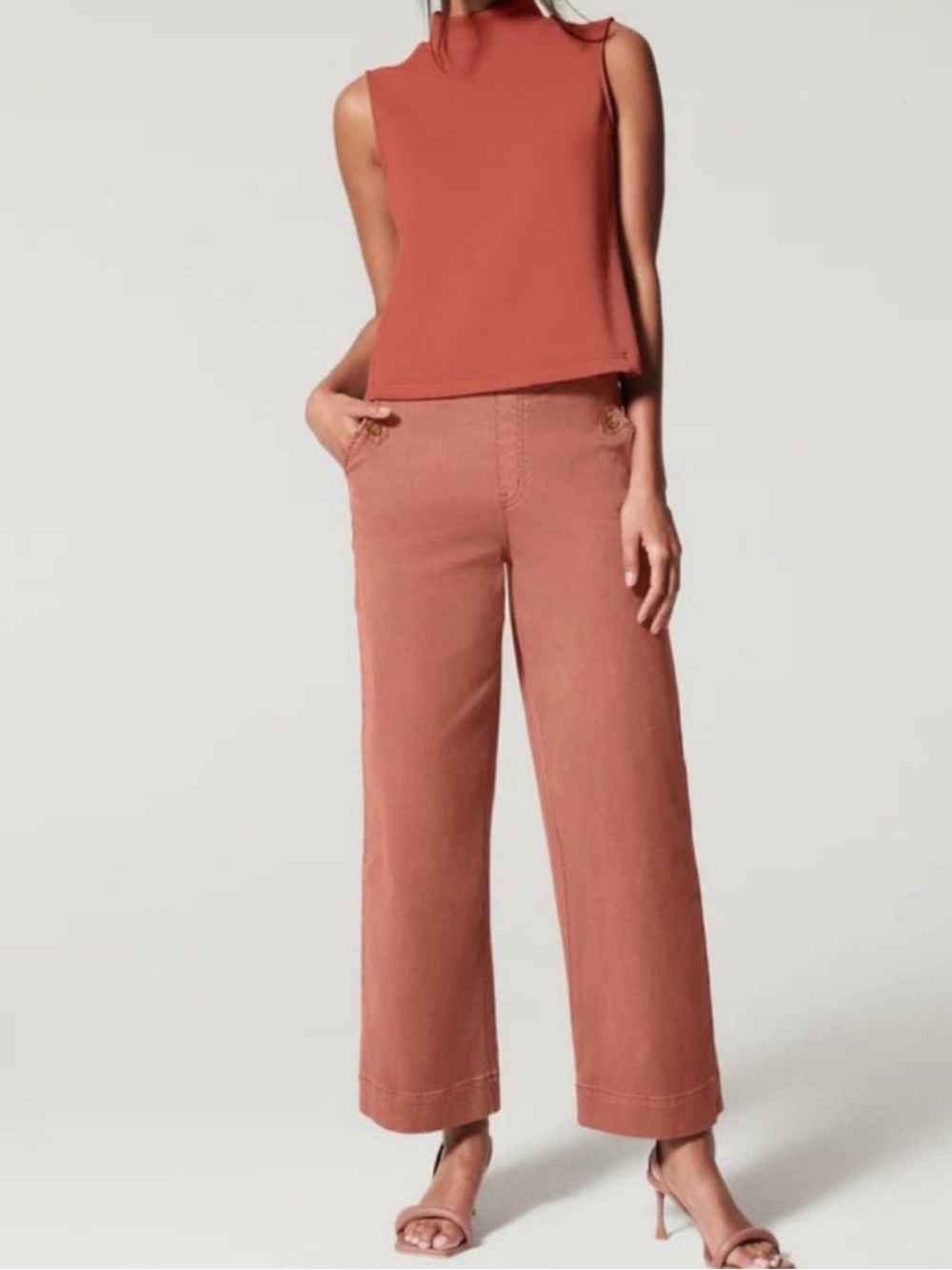 SPANX Stretch Twill Wide Leg Crop Pull-On Pants Rust Brown Medium
